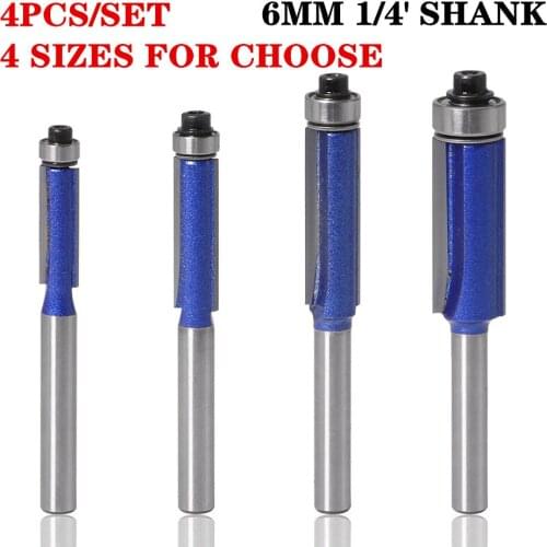 4pcs 6mm Shank Template Trim Router Bits for wood Lengthened Trimming Cutters with bearing woodworking tool endmill