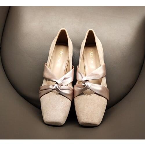 Spring and Autumn Low Heel Square Head Granny Shoes Shallow Vintage Ballet Flat Single Shoes Small Chunky Heel Cross Ribbon