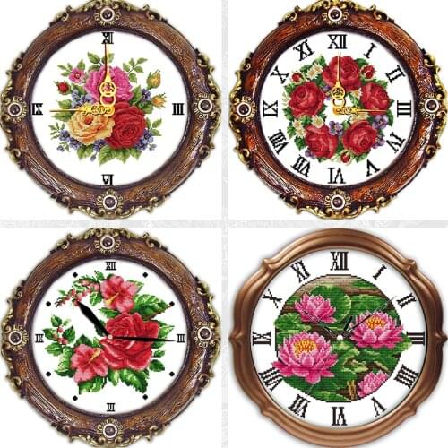 Flower Clock Face Paintings Embroidery Counted Printed On Canvas DMC 11CT 14CT Chinese Cross Stitch kits Home Decoration