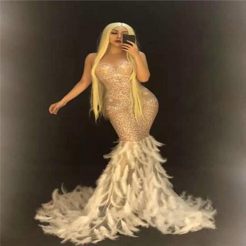 D30 Female club sexy Evening Long Net Yarn Dress party wears feather Rhinestones dresses singer performance skirt dance costumes