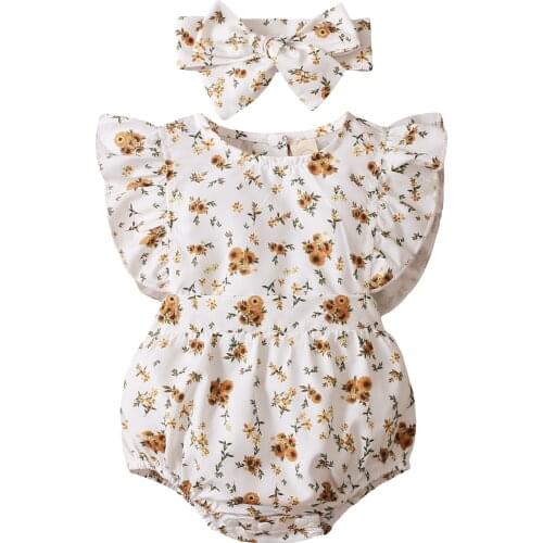 New Baby Floral Print Clothes Set, Sleeveless O-neck Jumpsuit with Ruffles + Bow-knot Headband
