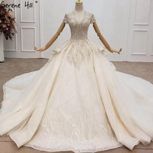 High-end Ivory V-Neck Sexy Dubai Wedding Dresses 2020 Luxury Beading Sequins Sparkle Bridal Dress HX0137 Custom Made