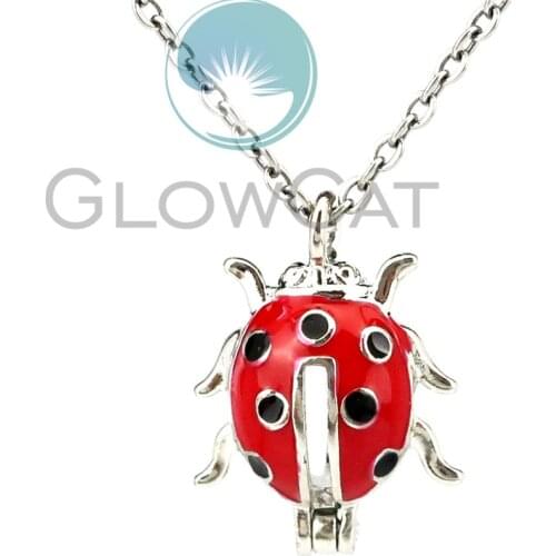 KK1217 Enamel Red Ladybird Beads Cage Locket Pendant Perfume Diffuser Pearl Cage Necklace