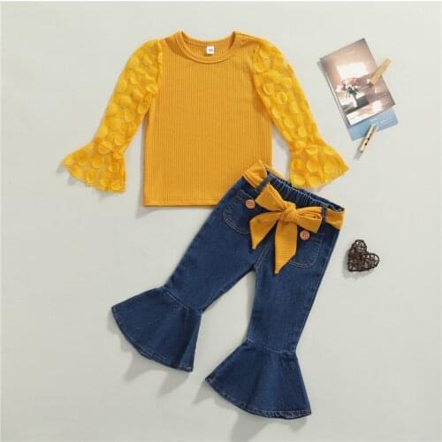 Girls Clothes Set Dot Print Long Mesh Sleeve O-neck Tops+Solid Color Flared Denim Trousers