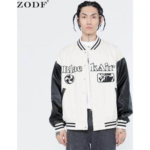 ZODF New 2021 Autumn Men PU Leather Patchwork Jackets Vintage Letters Embroidery Hip Hop Coats Brand Jacket For Women HY0197