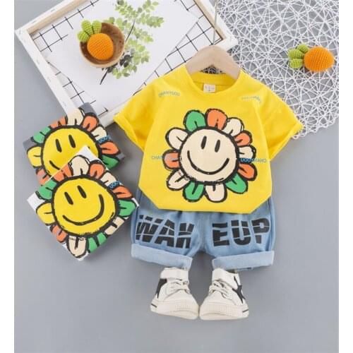 Summer Fashion Children Baby Boys Girls Clothes Sets Infant flowers T Shirt denim Shorts 2pcs Toddler Clothing Kids Tracksuits