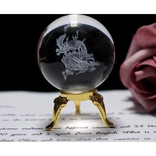 Miniatures Crystal Ball 3D Laser Engraved Dragon Feng Shui Glass sphere Globe Home Decoration Accessories