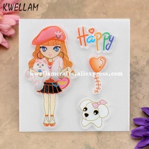 Fashion Girl Cats Happy Heart Scrapbook DIY photo cards rubber stamp clear stamp transparent stamp 10x10cm KW8010227