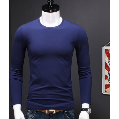 Mens O-Neck Long Sleeve Royal Blue T-Shirt Autumn Cotton Modal Stretch T Shirt Winter Men Clothes Fleece Warm Tshirt