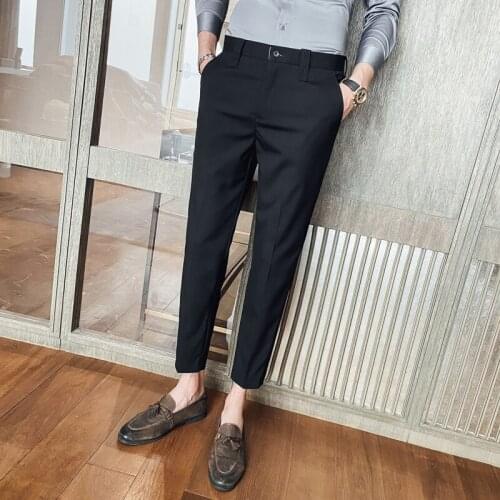 Mens Korean Casual Suit Pants 2021 New Slim Fit Solid Embroidery Pantalon Homme Classique Classic Stretch Social Formal Trouser