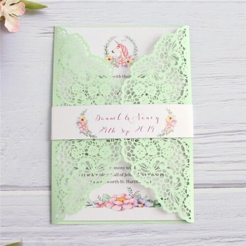 Mint green wedding invitation card unicorn customized insert card printing belly band shimmer party gift cards 50pcs