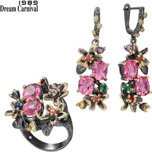 DreamCarnival1989 Stunning Fuchsia Zirconia Ring Earrings Jewelry Set Women Anniversary Party Must Have Eye Catching ER3874FUS2