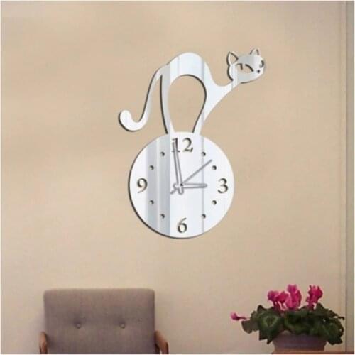 Lovely cat wall mirror clock , 3D acrylic wall clock mirror sticker diy acrylic mirror Needle stickers safe design decor