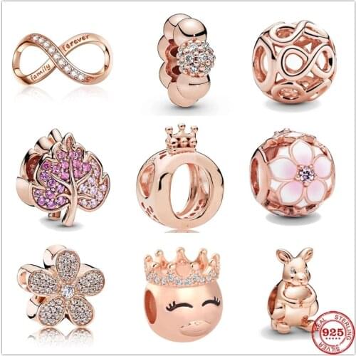 NEW Rose Gold Sparkling Flower Leaf Kangaroo 925 Sterling Silver Beads Charm Fit Original Pandora Bracelet DIY Jewelry For Women