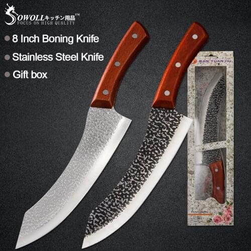 Sowoll 8'' Chef Beef Butcher Knife Forged Chopping Serbian Style Knife Outdoor Hunting Nakiri Survival Stainless Steel Knives