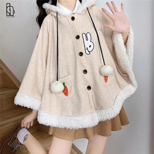 Soft Girl Bat Cape Christmas Outerwear New Lolita Cloak Coat Women Japanese Cute Cartoon Rabbit Ears Hooded Splicing Wool Jacket