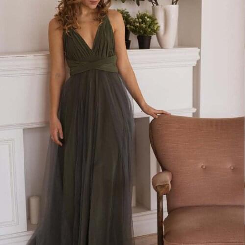 Olive Green Bridesmaid Dress Tulle V Neck Sleeveless Long Elegant Dress Women for Wedding Party Vestidos Elegantes Para Mujer