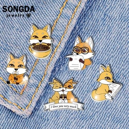 SONGDA Cute Cartoon Fox Lapel Pins Drink Coffee Book Animal Brooches Bag Jewelry Kids Gift Christmas And New Year Accessories