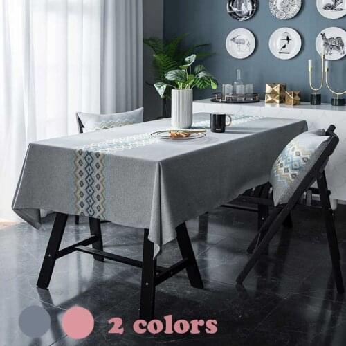 Embroidery Flower Table Cloth Cotton/Linen Tablecloth Solid Color Rectangule Dining/Coffee Table Cover Pastoral Grey/Pink