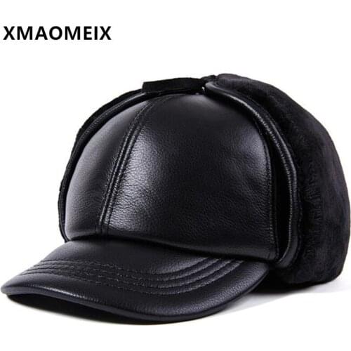 XMAOMEIX New Natural Cowhide Leather Cap Fur Fluff Bomber Hats For Men Winter Cold Proof Warm Earmuff Caps Brand Dad Leather Hat
