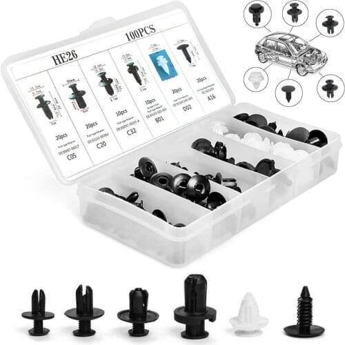 100 pcs Clips Auto Car Fender Liner Fastener Bumper Interior Trim Retainer Push Clip Pin Black Nylon with Plastic Box Set