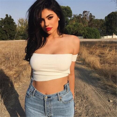 2019 Brand T Shirt Black White Off Shoulder T-shirt Fashion kyliejenner Crop Tops Sexy Tee Shirt Femme T1264
