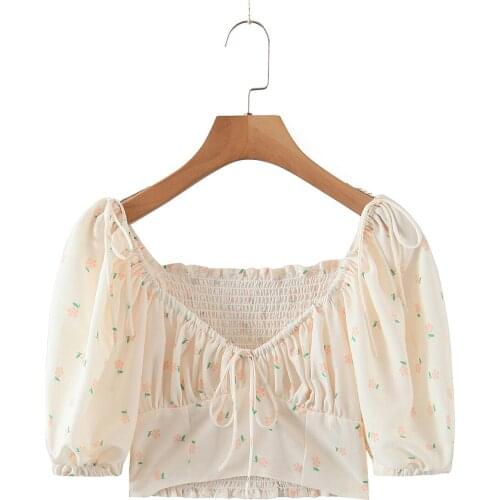 JC·KILIG 2021 Bubble Sleeve Floral Shirt Womens Summer Short Shirt Square Neck Short Sleeve Top L9646
