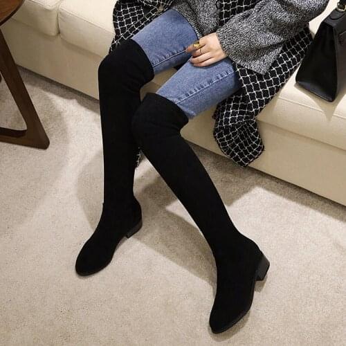 Lloprost ke 2020 Women Stretch Sock Long Tight High Boots Square 3.5cm Low Heels Over The Knee Boots Stripper Winter Gray Shoes