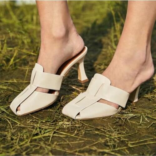 2021 New Fashion woven upper Baotou Woman Thin High Heels Slippers Summer Vintage Square Toe Mules Femme Shoes Pumps Sandals