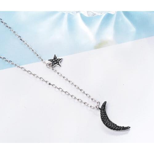 Female 925 Sterling Silver Black Star Moon Pendants And Necklaces Fashion Wedding Bride Party Jewelry Gift Free Shipping GaaBou