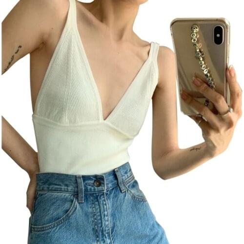 Null Women Summer Sleeveless Crop Tank Top Sexy Deep V-Neck Low Cut Backless Knitted Camisole Solid Color Casual Slim Basic