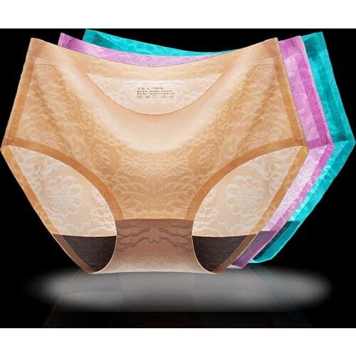 3 Pieces / Bag Of Jacquard Ice Silk Seamless Underwear Women One Piece Seamless Printing Triangle Ladies Underwear Full Cotton