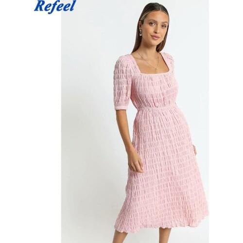 Summer Cute Pink Ruched Dress France Backless Tie Bandage Vestido Fashion Short Sleeve Women Midi Dress