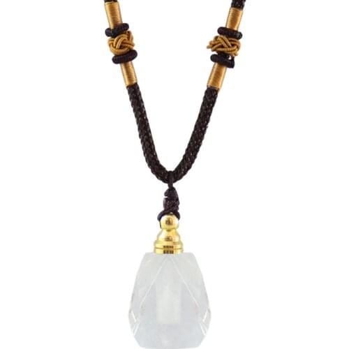 1PC Natural Clear Quartz Perfume Bottle Essential Oil Pendant Women White Stone Vials Adjustable Cord Necklace Jewelry