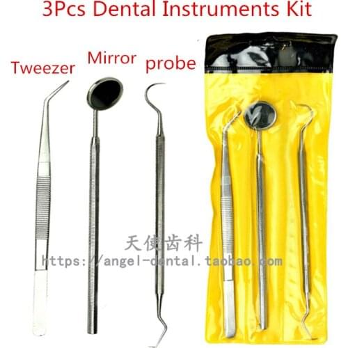 3Pc Dental Instrument Kit Stainless Steel Mouth Mirror Probe Tweezer Scaler Set Dental Examination Tooth Clean Oral Care Hygiene