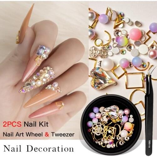 1/2Pcs Set 3D Nail Rhinestones Stones Mixed Colorful DIY Design Decals with Nail Curved Tweezer Crystals Nail Art Decorations