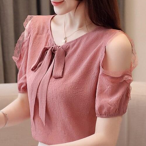 Blouses Summer Tops Women Short Sleeve Blouse Women Blusas Mujer De Moda 2021 Verano Off Shoulder Top Chiffon Blouse Shirt E764