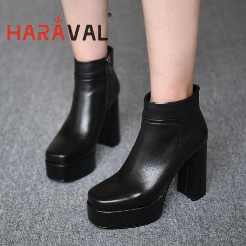 HARAVAL Women Ankle Boots Shoes Black Brown High Heels Genuine Leather Autumn Winter Elegant Platform Shoes Female Solid E407L