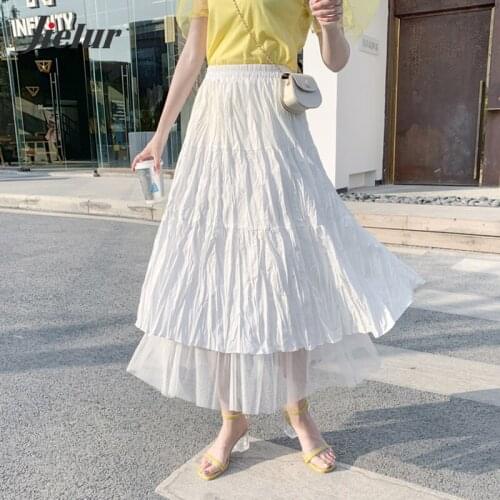 Jielur 2021 New Fairy Pleated Skirts Women Fashion Mesh Stitching Black White Skirt A-line High-waisted Autumn Female Skirts