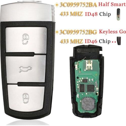 Kutery 3 Buttons Remote Car Key Fob 3C0 959 752 BA 434Mhz ID48 Chip For VW Passat Magotan CC