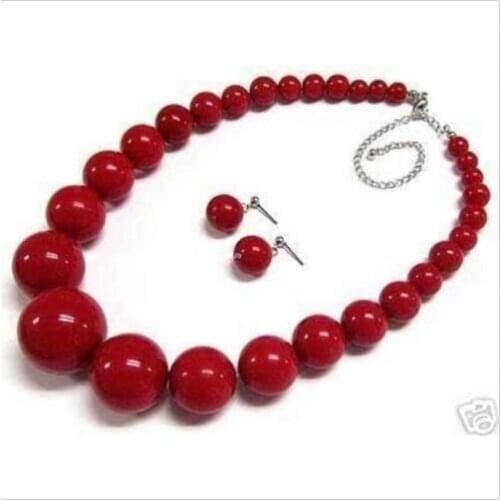 Beautiful 6-14mm Red Coral Round Beads Necklace Earring 18" Set