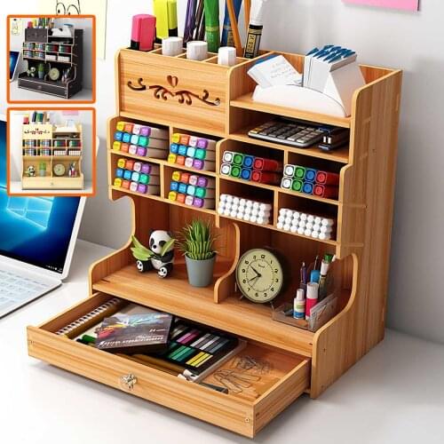 Creative Wooden Desktop Pen Holder Holders Office School Stationery Organizer Desktop DIY Pencil Holder with Drawer