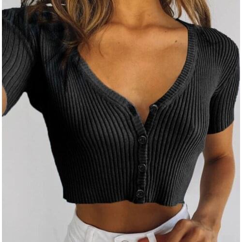 Summer Fashion Womens Short Sleeve Button T-shirt Sexy Solid Woman Slim Fit Crop Top Stylish Girls High Street Clothing Cardigan