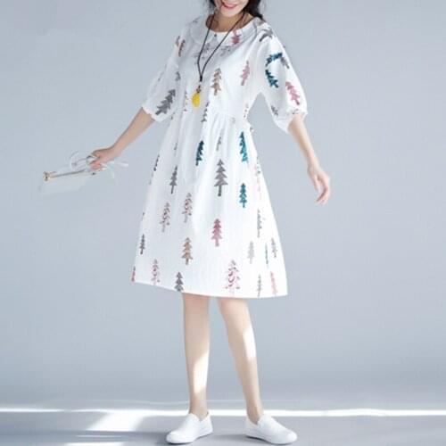 New women Tree printing plus size Five sleeves dresses Girls Elegant Printed Doll collar Summer Female loose Mori Dress