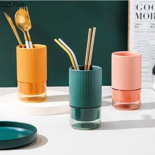 Pure Color Stripe Ceramic Chopstick Holder Knife and Fork Storage Tank Modern Home Kitchen Drain Rack Tableware Storage Tool