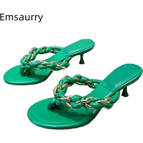 Multicolor Genuine Leather Flip Flops Sexy Kitten Heel Braided Chains Slingbacks Slip-on Lazyman Mules Lady Summer