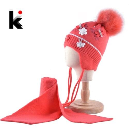 Warm Hats And Scarf Set For Girls Winter Knitted Lovely Kids Beanies With Imitation Fur Pompom Thick Ear Flap Caps Children Sets