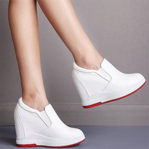 Fashion Sneakers Women Slip On Genuine Leather Wedges High Heel Pumps Shoes Female Round Toe Platform Ankle Boots Casual Shoes