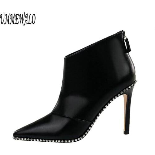 UMMEWALO Sexy Ankle Length Flock Boots Women Fashion Rivet Design Pointed Toe High Heel Shoes Winter Ankle Boots Ladies Shoes