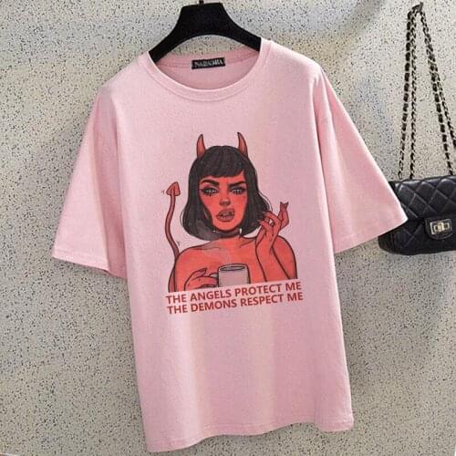 THE ANGELS PROTECT ME THE DEMONS RESPECT ME Print Pink Women T-shirt Harajuku Tshirt Vintage Casual S-XXL Clothes Female T-shirt